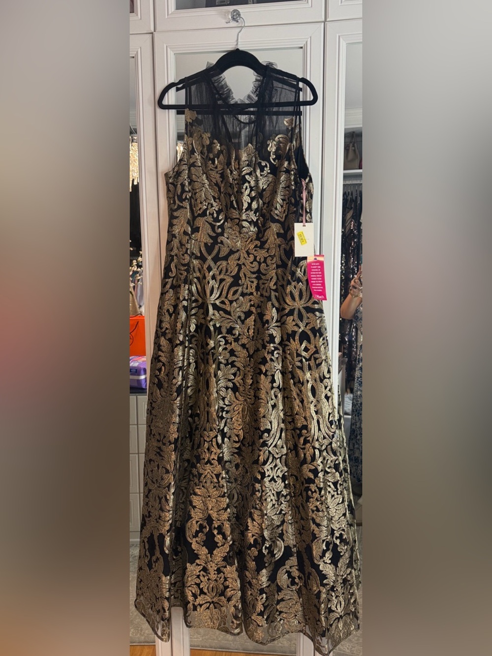 Alex Marie Black and Gold Floral Lace A-Line Prom Dress
